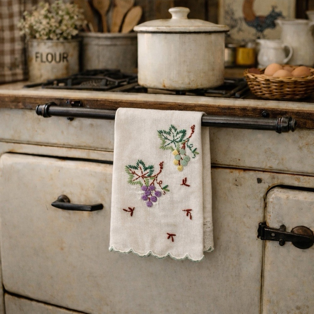 Vintage‎ Hand Embroidered Tea Towel Grapes Linen Scalloped Edge 20x14